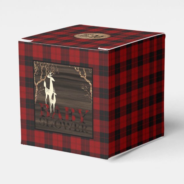 Rustic Buffalo Plaid Baby Shower Initial Favor Boxes (Front Side)