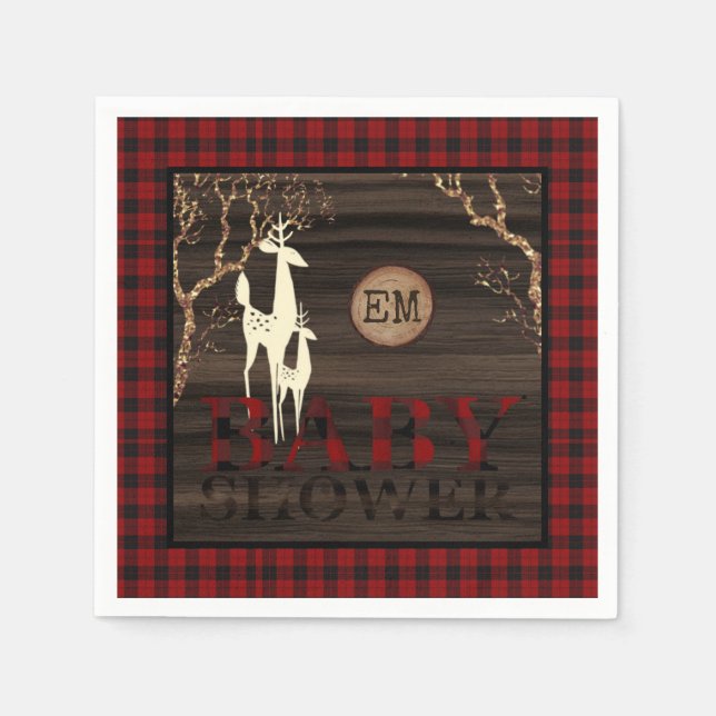 Rustic Buffalo Plaid Baby Shower Initials Napkins (Front)
