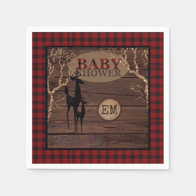 Rustic Buffalo Plaid Baby Shower Initials Napkins (Front)