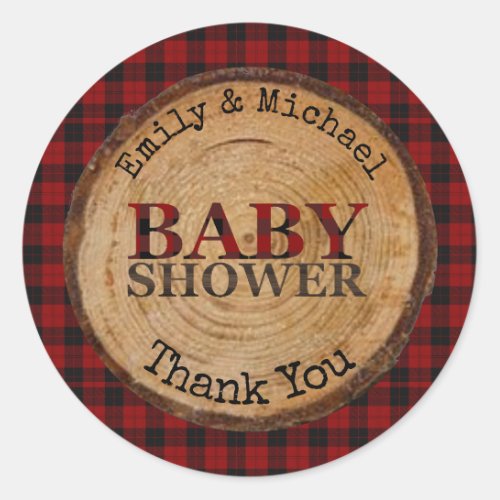 Rustic Buffalo Plaid Baby Shower Personalized Classic Round Sticker