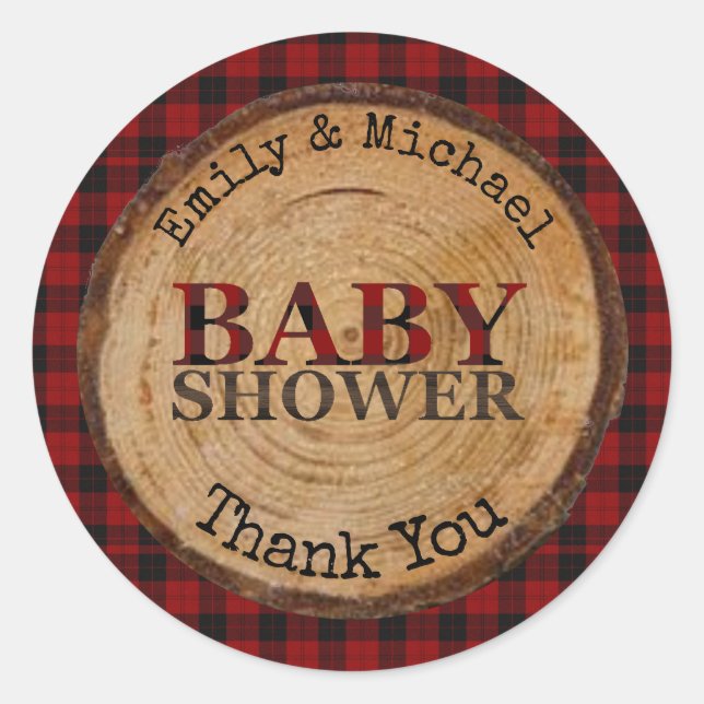 Rustic Buffalo Plaid Baby Shower Personalized Classic Round Sticker (Front)
