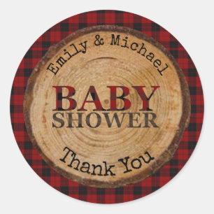Rustic Buffalo Plaid Baby Shower Personalized Classic Round Sticker