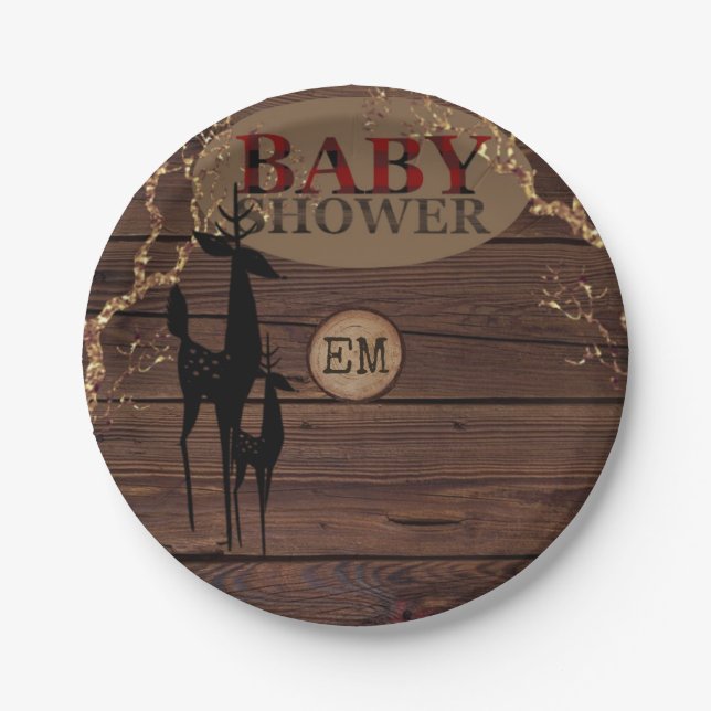 Rustic Buffalo Plaid Baby Shower Personalized Paper Plates (Front)
