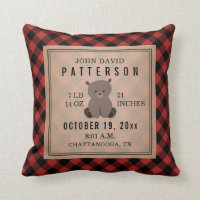 Rustic Buffalo Plaid Bear Baby Boy Birth Stats Throw Pillow