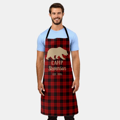 Rustic Buffalo Plaid Bear Family Camp Apron