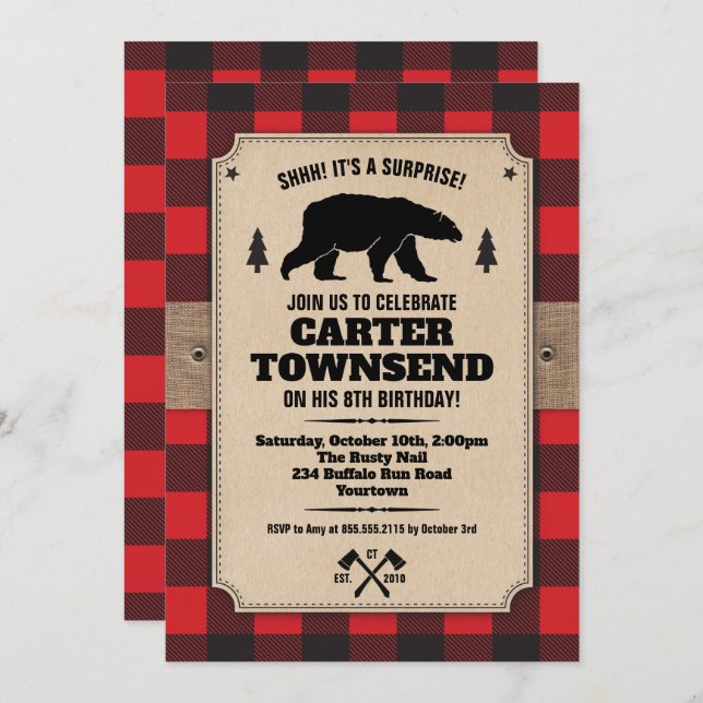 Rustic Buffalo Plaid Bear Kraft Panel Birthday Invitation (Front/Back)