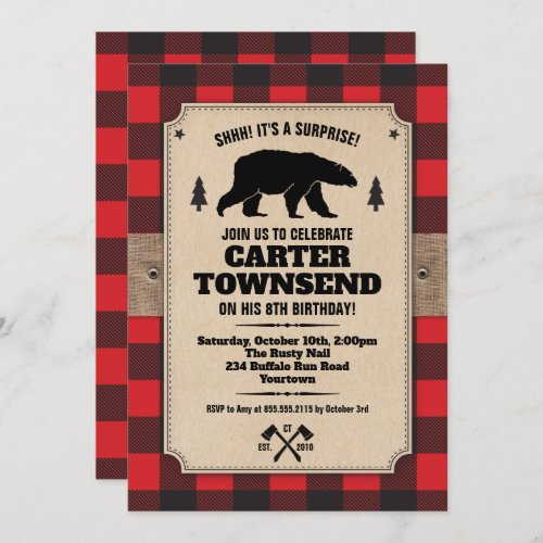 Rustic Buffalo Plaid Bear Kraft Panel Birthday Invitation