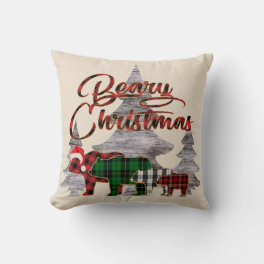 Rustic Buffalo Plaid Bears Berry Christmas Throw Pillow