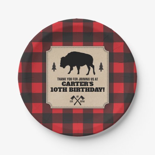 Rustic Buffalo Plaid Bison Kraft Look Panel Party Paper Plates