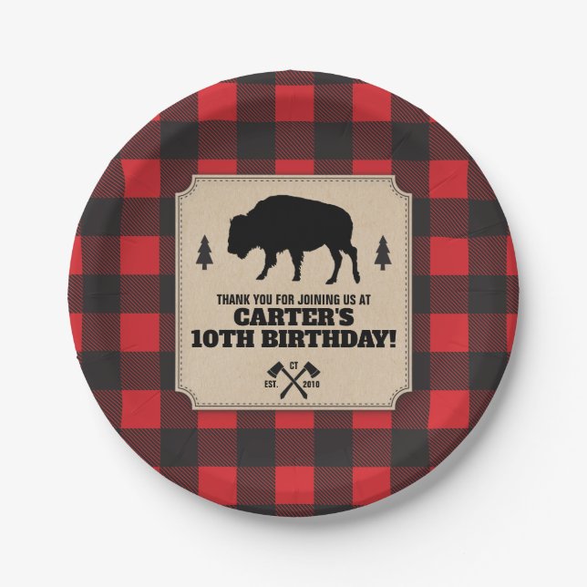 Rustic Buffalo Plaid Bison Kraft Look Panel Party Paper Plates (Front)