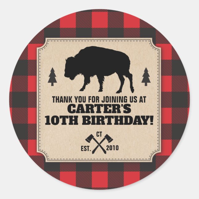 Rustic Buffalo Plaid Bison Kraft Look Panel Thanks Classic Round Sticker (Front)
