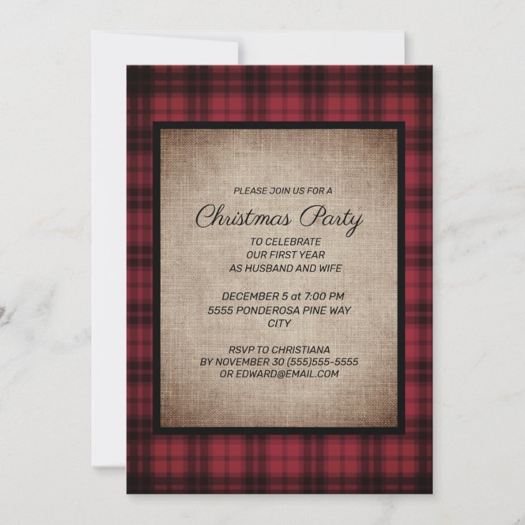 Rustic Buffalo Plaid Burlap Christmas Party Invitation Zazzle