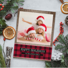 Rustic Buffalo Plaid Burlap Holiday Photo Postcard