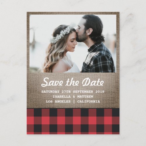 Rustic Buffalo Plaid  Burlap Photo Save the Date Announcement Postcard