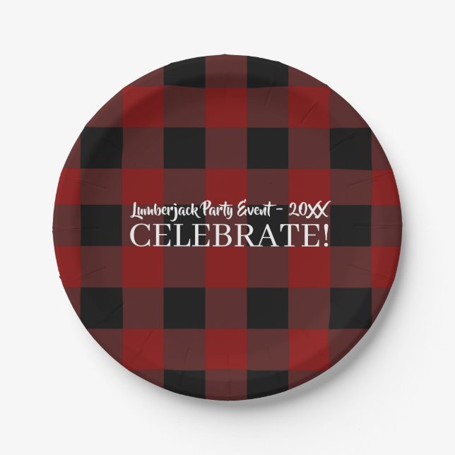 Rustic Buffalo Plaid Celebrate Custom Red & Black Paper Plates (Front)
