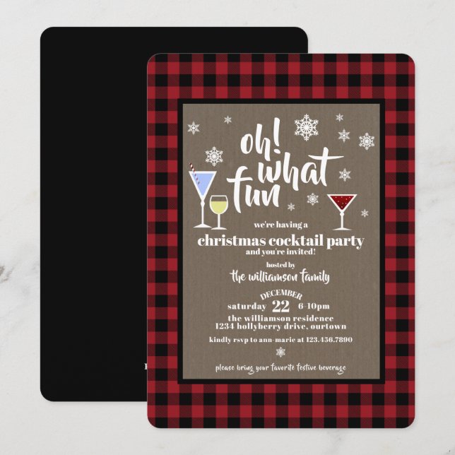 Rustic Buffalo Plaid Christmas Cocktail Party Invitation (Front/Back)