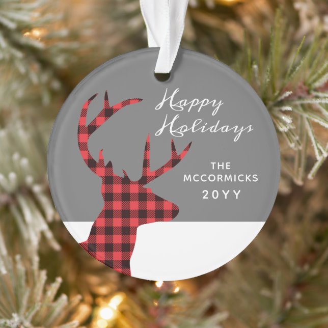 Rustic Buffalo Plaid Christmas Deer Personalized Ornament (Tree)