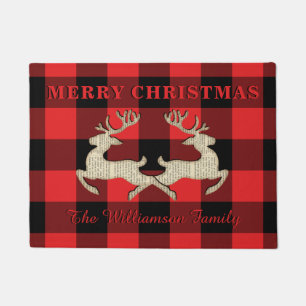 Rustic Buffalo Plaid Christmas Reindeer Customized Doormat