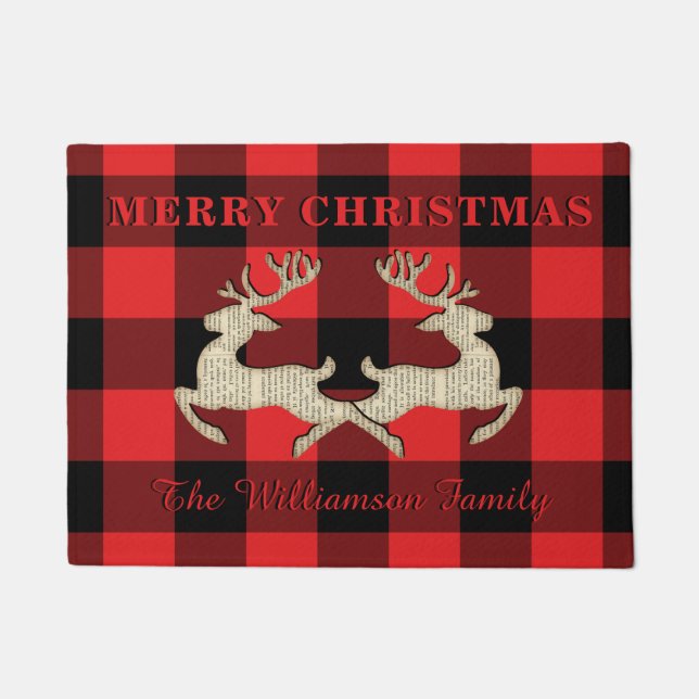 Rustic Buffalo Plaid Christmas Reindeer Customized Doormat (Front)