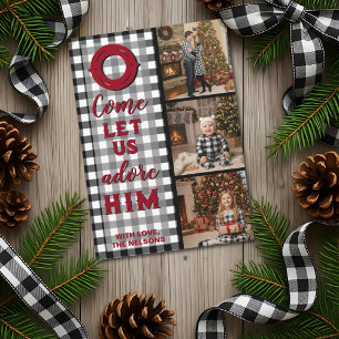Rustic Buffalo Plaid Come Let Us Adore Him Photo Holiday Card