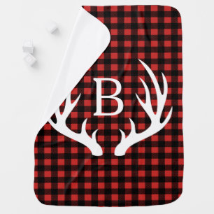 Rustic Buffalo Plaid Deer Antlers Baby's Initial Baby Blanket