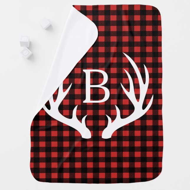 Rustic Buffalo Plaid Deer Antlers Baby's Initial Baby Blanket (In Situ)
