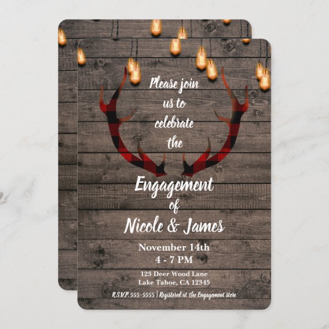 Rustic Buffalo Plaid Deer Antlers Engagement Party Invitation (Front/Back)