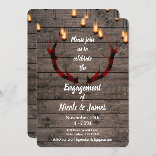 Rustic Buffalo Plaid Deer Antlers Engagement Party Invitation