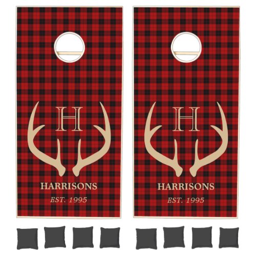 Rustic Buffalo Plaid Deer Antlers Family Monogram Cornhole Set