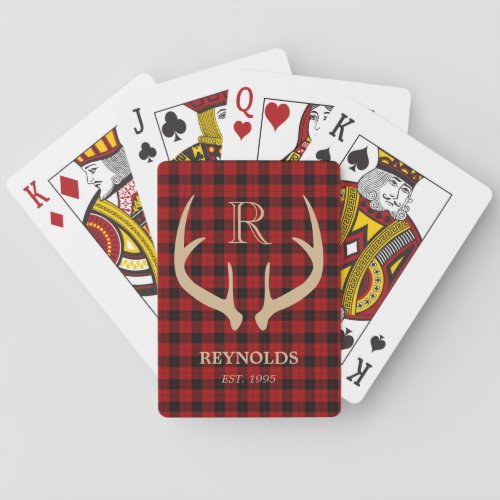 Rustic Buffalo Plaid Deer Antlers Family Monogram Playing Cards