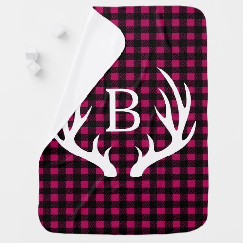 Rustic Buffalo Plaid Deer Antlers  Pink Monogram Baby Blanket