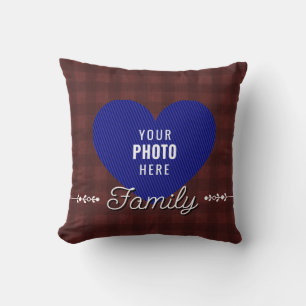Rustic Buffalo Plaid Family Heart Photo Throw Pillow