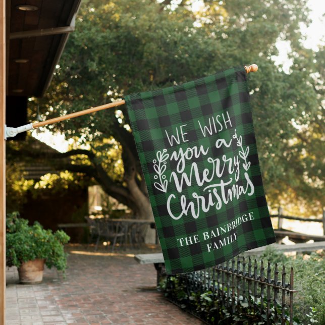 Rustic Buffalo Plaid Family Name Christmas  House Flag (In SItu)
