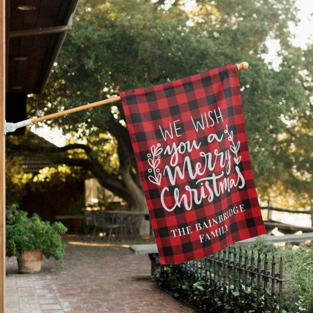 Rustic Buffalo Plaid Family Name Christmas  House  House Flag (In SItu)