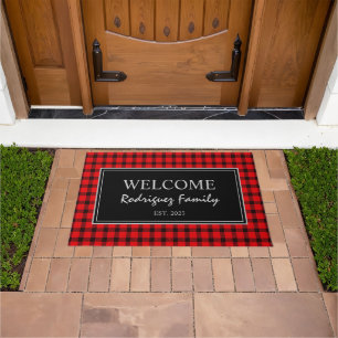 Rustic buffalo plaid family name year established doormat