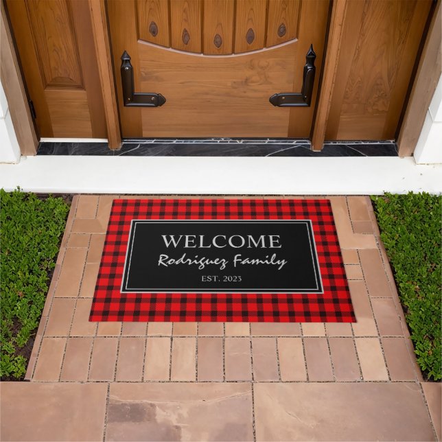 Rustic buffalo plaid family name year established doormat (Outdoor)