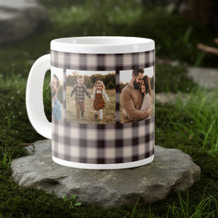 Rustic Buffalo Plaid Family Photo Brown 5 Picture Giant Coffee Mug