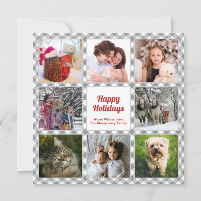 Rustic Buffalo Plaid Family Photo Collage Holiday Card (Front)