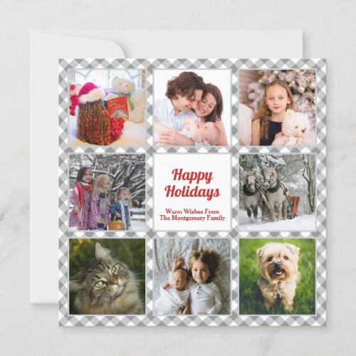 Rustic Buffalo Plaid Family Photo Collage Holiday Card