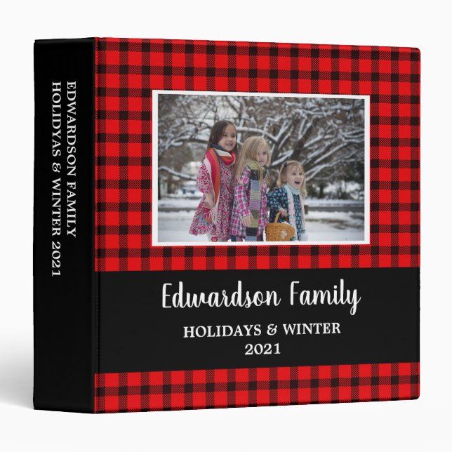 Rustic buffalo plaid family photo holiday album 3  ring binder (Front/Spine)