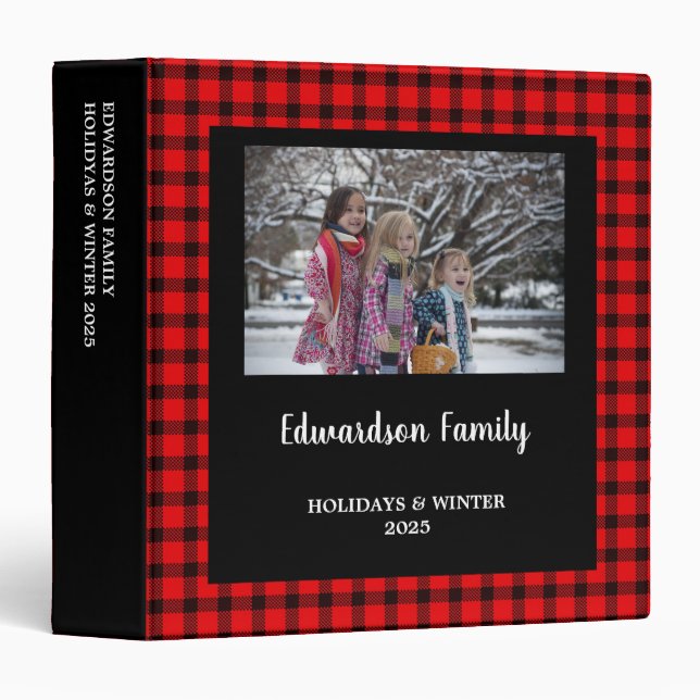 Rustic buffalo plaid family photo holiday album 3 ring binder (Front/Spine)