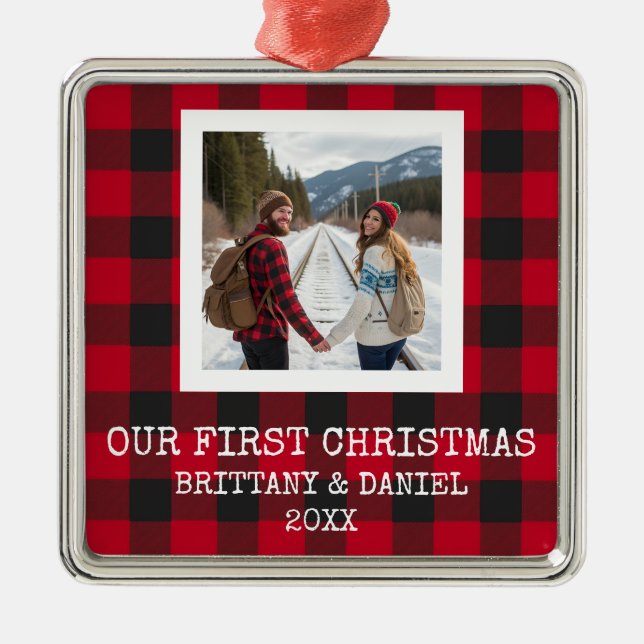 Rustic Buffalo Plaid First Christmas Metal Ornament (Front)