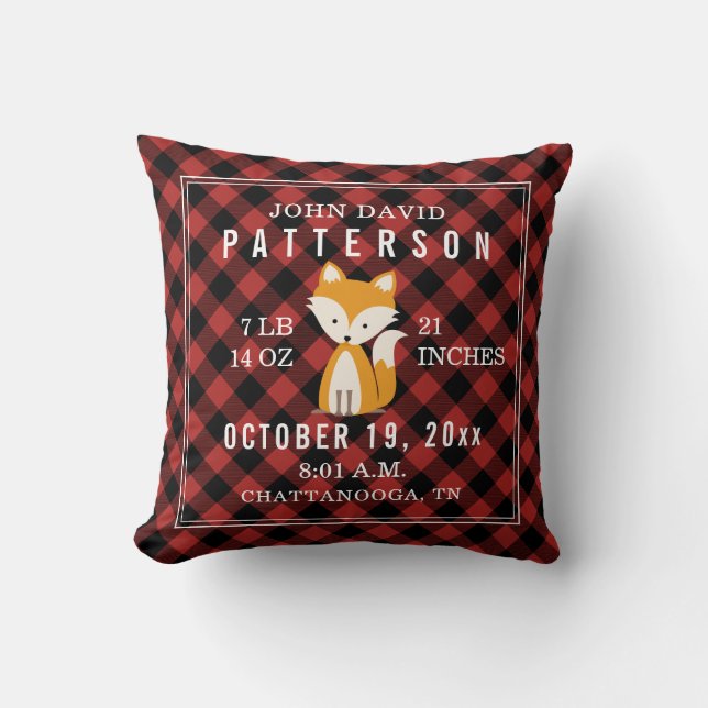 Rustic Buffalo Plaid Fox Baby Birth Stats Nursery Throw Pillow (Front)