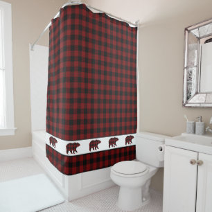 Rustic Buffalo Plaid Grizzly Bears Shower Curtain