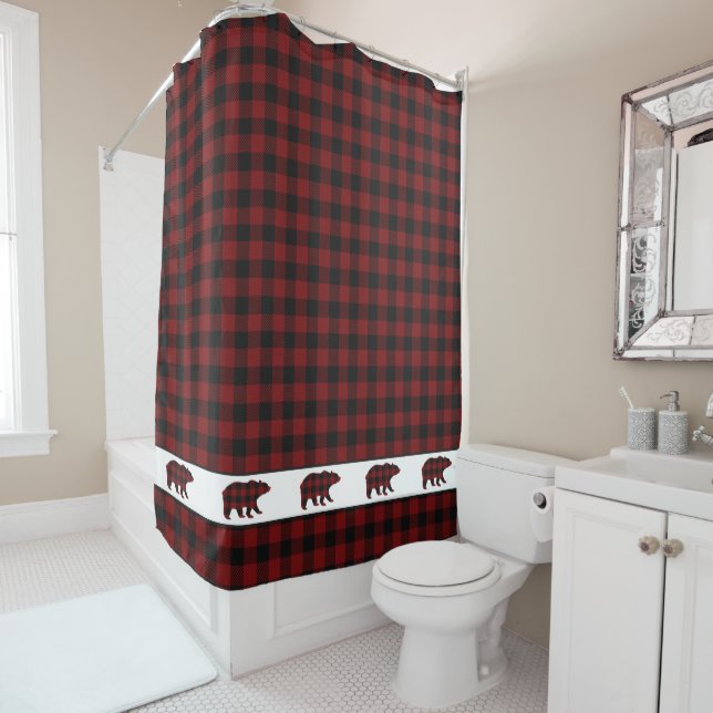 Rustic Buffalo Plaid Grizzly Bears Shower Curtain (In Situ)