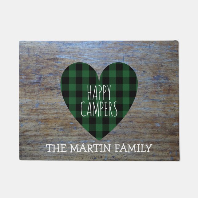 Rustic Buffalo Plaid Heart Custom |  Happy Campers Doormat (Front)