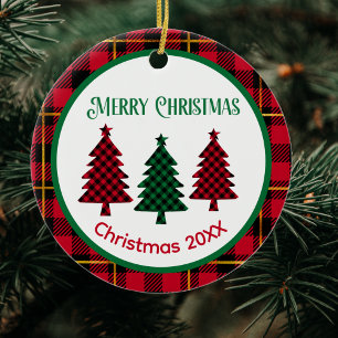 Rustic Buffalo Plaid in Red Green Black Christmas Ceramic Ornament