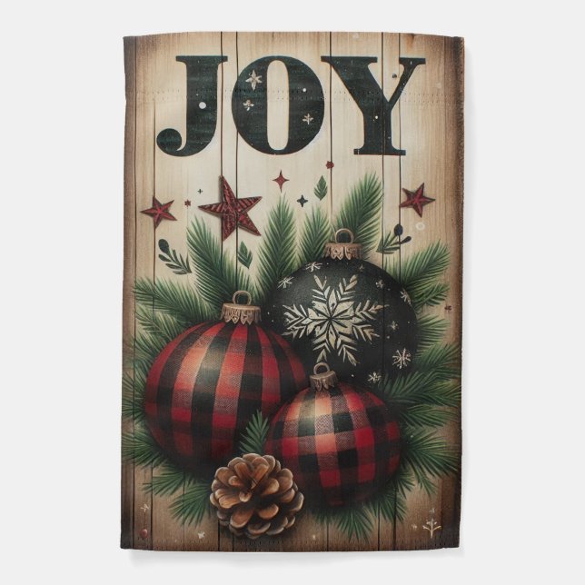 Rustic Buffalo Plaid JOY Christmas Yule Garden Flag (Front)