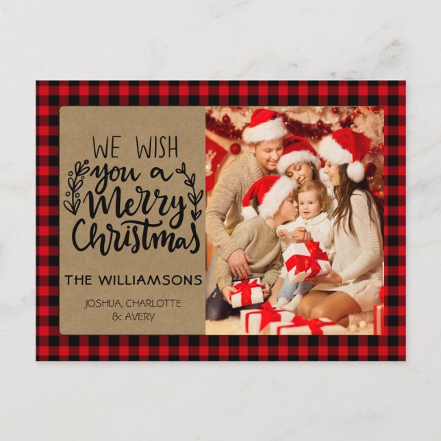 Rustic Buffalo Plaid Kraft Photo Family Christmas Postcard (Front)