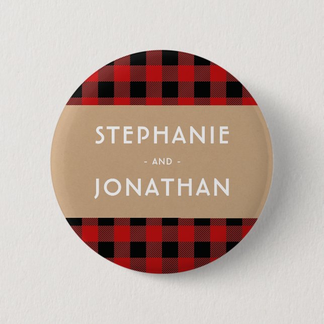 Rustic Buffalo Plaid & Kraft Wedding Button (Front)